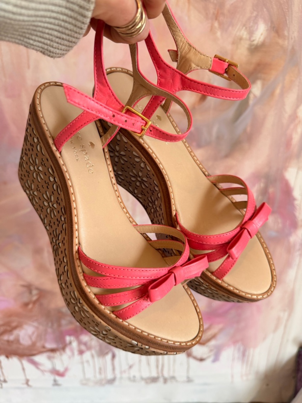 Kate Spade Pink Wedge Sandals with Bow Accent